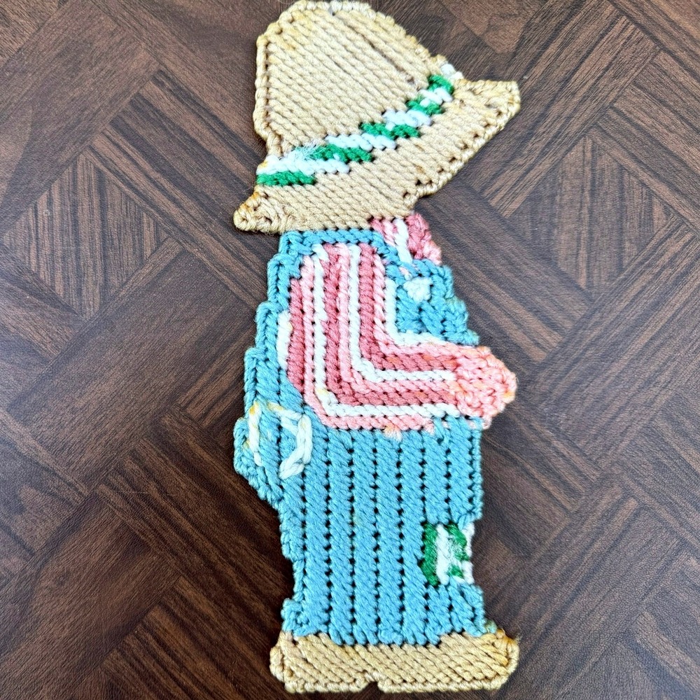 Vintage Handmade Plastic Canvas Needlepoint Boy in Overalls Straw Hat Folk Art - Picture 2 of 2